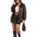 Women's PU Leather Jacket With Stand Collar, Long Sleeves, Side Pockets, Casual Windbreaker Coat In Solid Colors_ecoleips.com