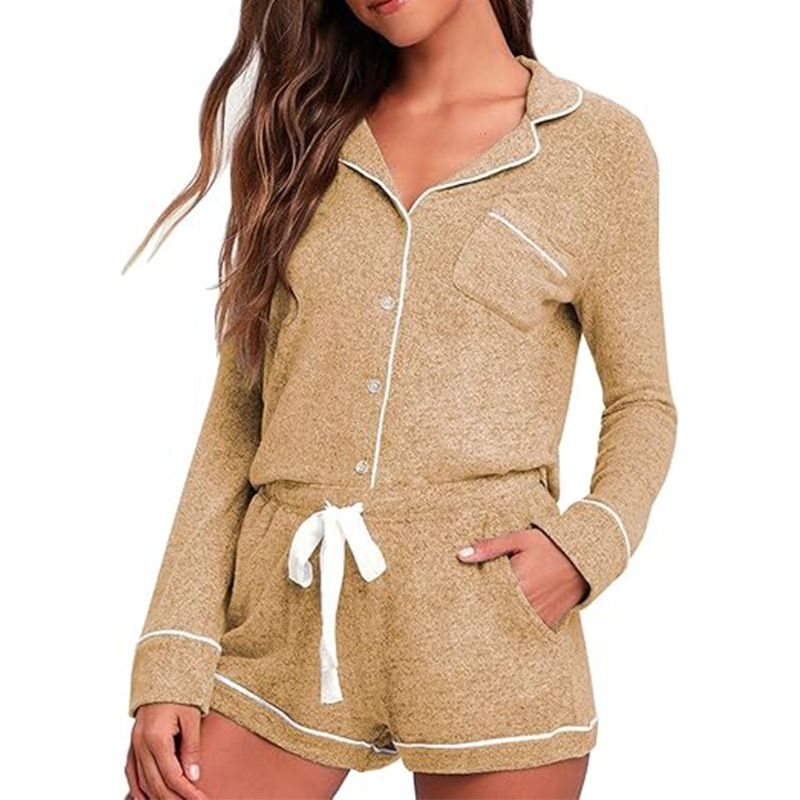 Women's Casual Home Wear Shorts Set Button Down Long Sleeved Comfortable With Pockets Drawstring Detail Autumn Wear_ecoleips.com