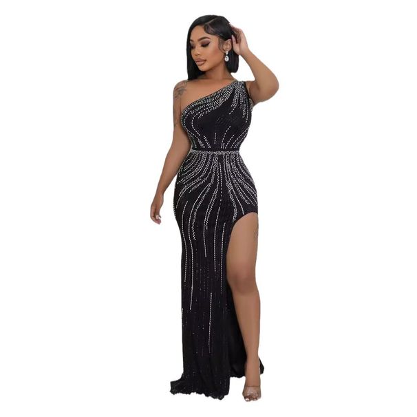 Women’s Clothing two color hot diamond sleeveless oblique shoulder slit hip stretch dress_ecoleips.com