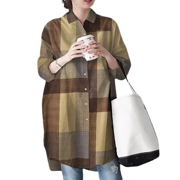 Women's Muslim Collar Button Down Loose Top Shirt Asymmetrical Hem Plaid Shirt_ecoleips.com