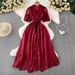 Elegant Women's French Style Dress Tie Waist Single-Breasted Embroidered Mesh Long Summer Fashion 2025_ecoleips.com