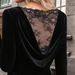 Voya Women's Spring And Summer Black Velvet Long Sleeved Top With Deep V-neck, Pleated Back, Lace Hollow Out, Sexy And Slimming Effect_ecoleips.com