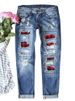 Women's Clothing Straight Jeans Women's Clothing New Red Plaid Printed Patch Ripped Patch Trousers In Stock_ecoleips.com
