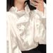 Women's Clothing 2025 Spring New Design Unique French Retro Ruffled Stand Collar White Long Sleeve Shirt Top_ecoleips.com