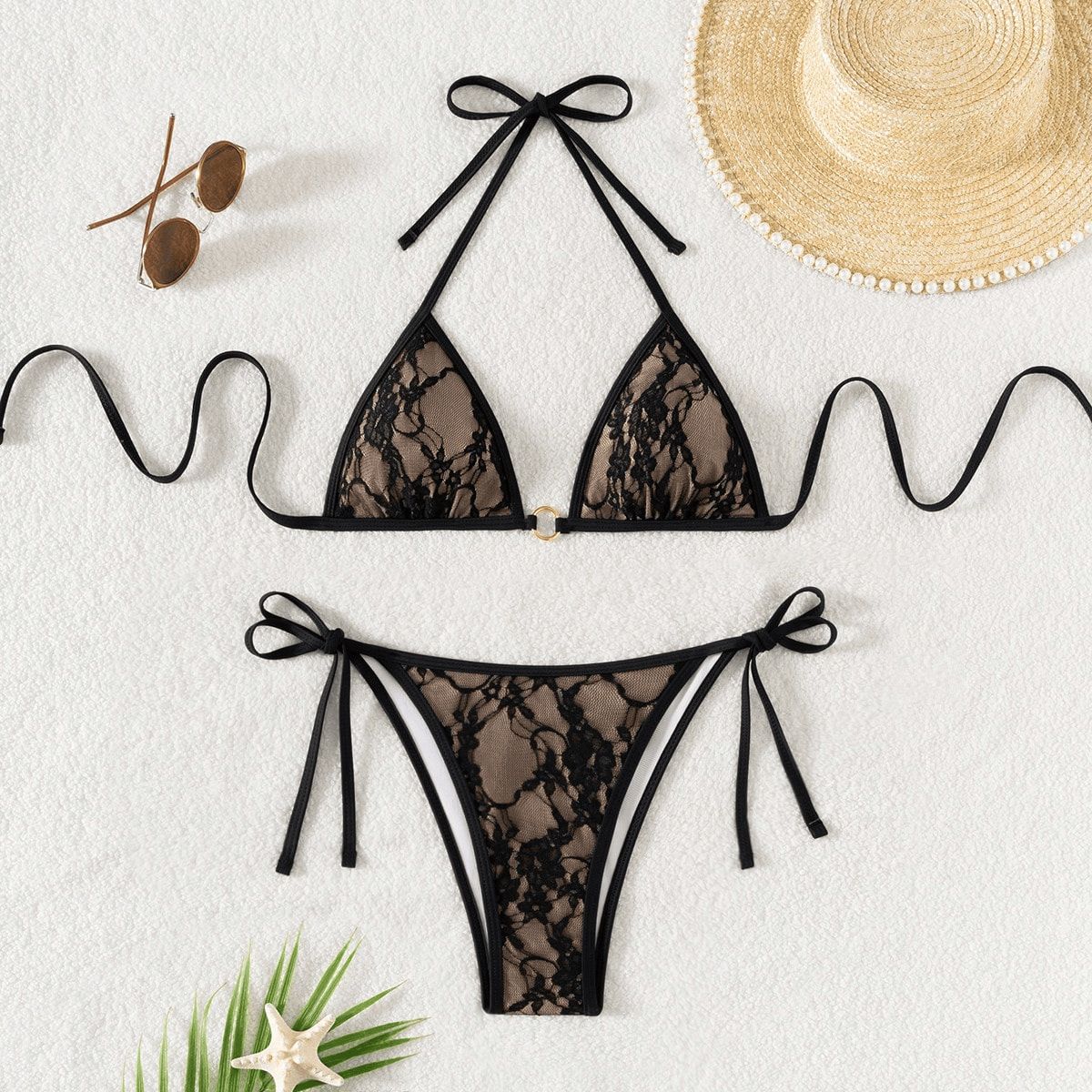 Women's Clothing Slimming Backless Lace-Up Triangle Bikini American Style Swimsuit Regular Size Polyester_ecoleips.com
