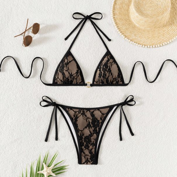 Women's Clothing Slimming Backless Lace-Up Triangle Bikini American Style Swimsuit Regular Size Polyester_ecoleips.com