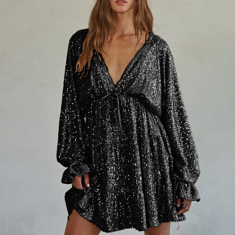 Women's Clothing Straps V Neck Sequined Skirt Sexy Hot Girl Skirt Drape High End Dress_ecoleips.com