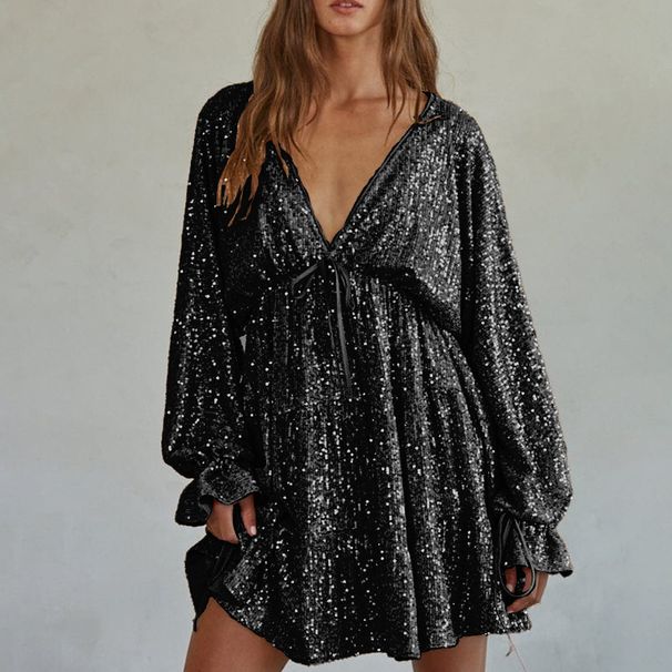 Women's Clothing Straps V Neck Sequined Skirt Sexy Hot Girl Skirt Drape High End Dress_ecoleips.com