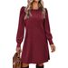 Women's Round Neck Puff Sleeve Mid Length Dress Brushed Ribbed Solid Color Autumn Winter Fashion_ecoleips.com