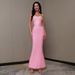 Verve New Pink Strapless Beaded Long Bandage For Women Solid Color Party Evening Dress_ecoleips.com