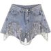 Heavy Duty High Waisted Slimming Hot Pants For Women With Beading Sequins Tassels Ripped Denim Frayed Edges Summer Fashion_ecoleips.com