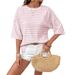 Women's Casual Striped Short Sleeve T-Shirt - Relaxed Fit, Round Neck, Color Block Design, Breathable Polyester Fabric_ecoleips.com