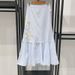 Women's Clothing Summer Blue And White Striped Five Leaf Flower Diamond Decoration Hollow POLO Collar Long Skirt Shirt Skirt 25291_ecoleips.com
