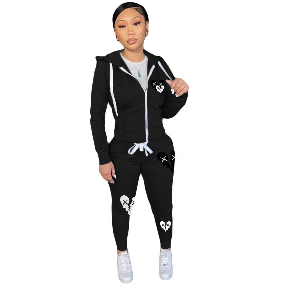 Women's Clothing N8777A1 large size women's clothing zipper printing casual hooded sweater suit_ecoleips.com