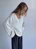 Autumn And Winter Women's Solid Color Pullover Sweater Lazy Wind V-neck Casual Splicing Long-sleeved Knitted Sweater Women_ecoleips.com
