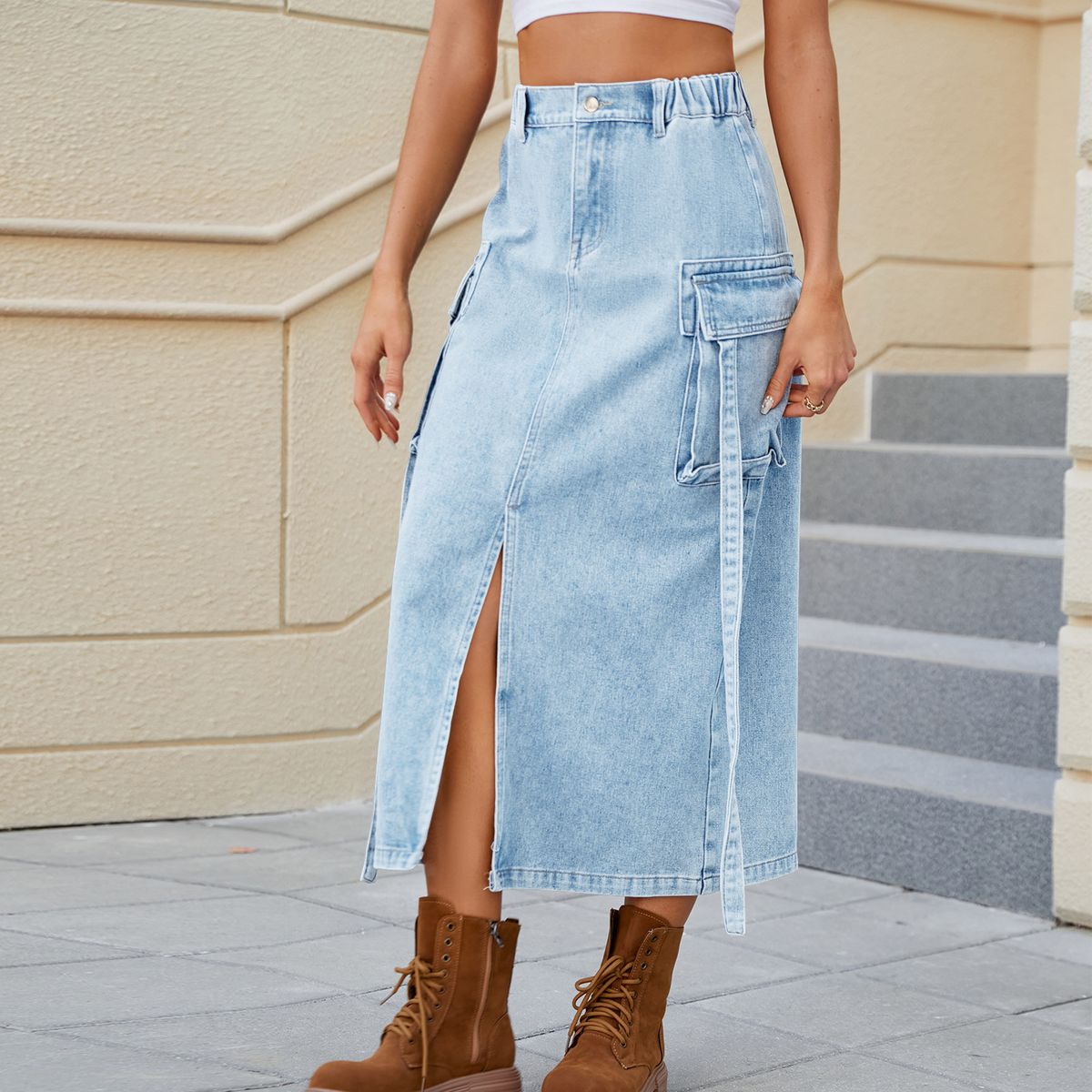 Verve Women's Fashion New Washed Elastic Waist Ribbon Cargo Skirt Trend_ecoleips.com
