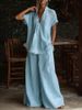 Women's Summer Comfort Outfit Casual Short Sleeve Shirt And Loose Fit Pants Two Piece Set_ecoleips.com