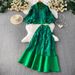 Heavy Duty Rhinestone Embellished Button Down Mesh Lantern Sleeve Two Piece Set Cross Border Trade Design Long Skirt Included_ecoleips.com
