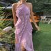 Chic Pleated Halter Neck Long Vacation Dress High Quality Purple Strapless Lotus Edge Maxi Dress 2025 New Lady Vacation Gowns_ecoleips.com