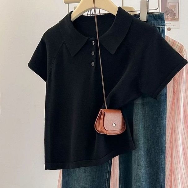 Loose Polo Collar Solid Color Short Sleeve T Shirt Women 2025 Summer High End American Style Straight Shoulder Knitted Sweater Lapel Top_ecoleips.com