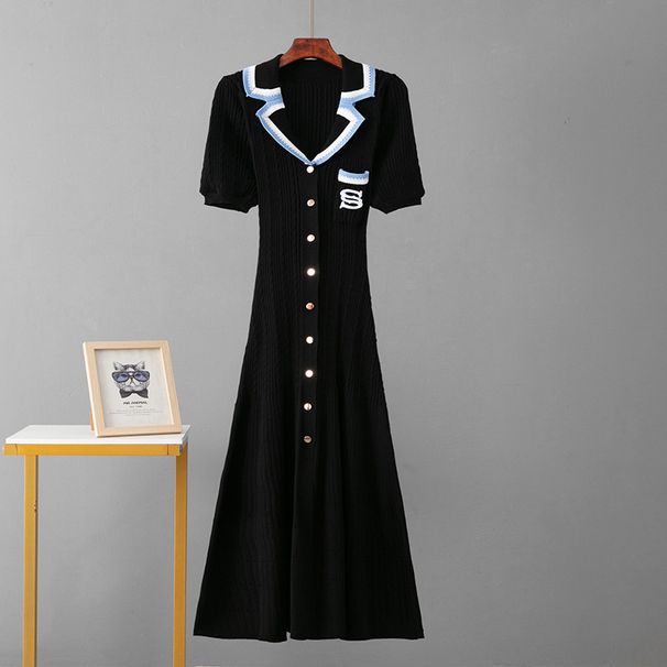 Women's French Style Knit Dress - Elegant Polo Collar Embroidered Long Maxi Dress_ecoleips.com
