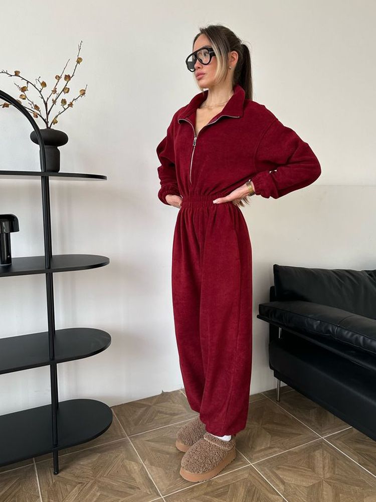 girl Girl European And American Autumn Winter Women's Fashion New Long Sleeve Ladies Casual Half-Open Front Elastic Waist Jumpsuit_ecoleips.com