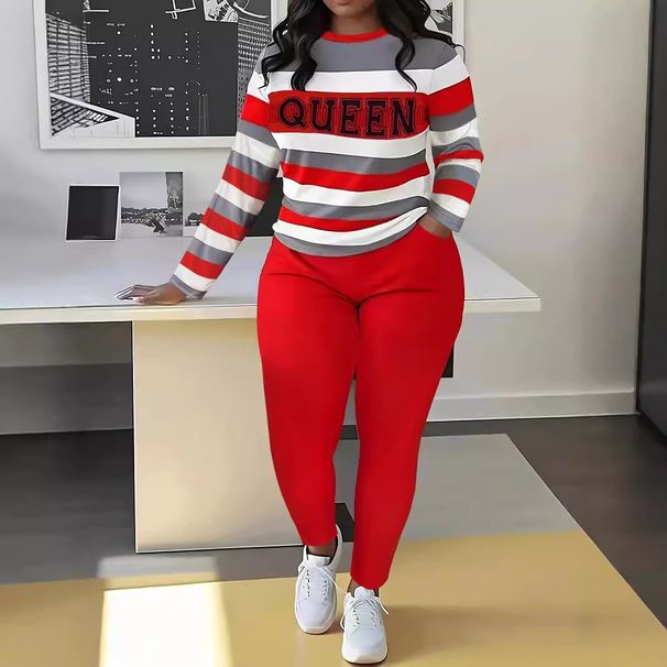 Plus Size Striped Print Shirt And Sports Pants Set Summer Fashion Long Sleeve Casual Comfortable Two-Piece Outfit For Women_ecoleips.com