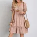 2026 Loose V-neck Short Sleeved Pleated Women Dress Solid Color A-line Beach Dresses Elegant Simple Comfortable Woman Clothing_ecoleips.com