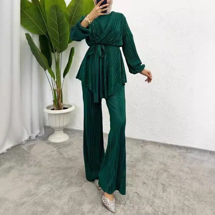 Women's Clothing Muslim Solid Color Temperament Tops Loose Elegant Pants Suit_ecoleips.com