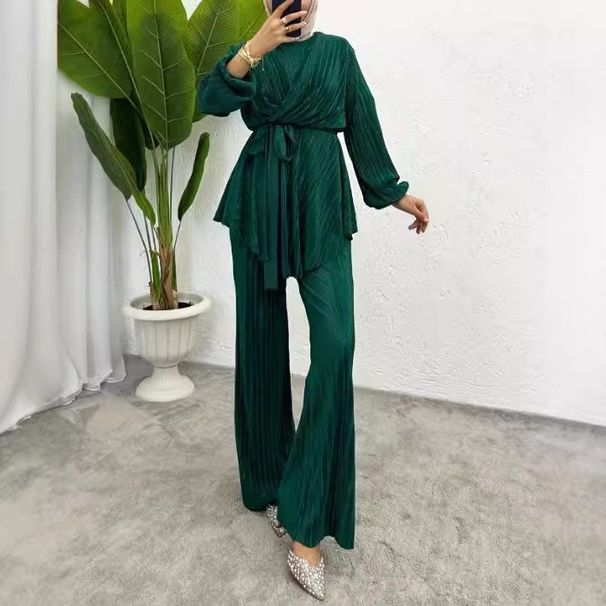 Women's Clothing Muslim Solid Color Temperament Tops Loose Elegant Pants Suit_ecoleips.com