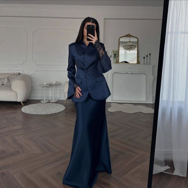 Autumn/Winter Women's Slim Fit Solid Color Fashion Set with European And American Casual Design Satin Long Skirt And Suit Jacket_ecoleips.com