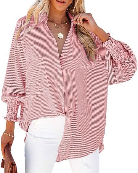 Verve Striped Long Sleeve Loose Casual Women's New Pocket Shirt Top_ecoleips.com