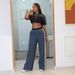 Women's Clothing Denim Stitching Color Stand Up Collar Zipper Top Wide Leg Pants Two Piece Set_ecoleips.com
