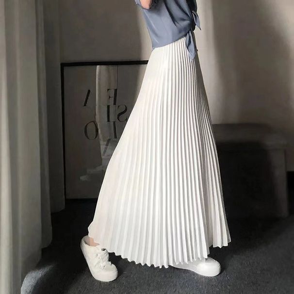K Mid-length Pleated Skirt For Women, Ankle-length, A-line, High-waisted, Slenderizing, Made Of Chiff_ecoleips.com