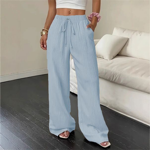 Women's Textured Straight Leg Pants – Elastic Waist Comfort (S-XXL, Apricot/Light Blue/Navy/Black)_ecoleips.com