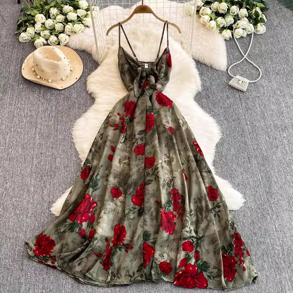 Elegant Floral Print Midi Dress for Women Summer 2025 Style Fashionable Full Skirt Sophisticated Youthful And Flattering_ecoleips.com