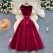 Elegant Long Sleeveless Dress For Evening Parties V Neck Fitted Waist Full Skirt Bow Detail_ecoleips.com