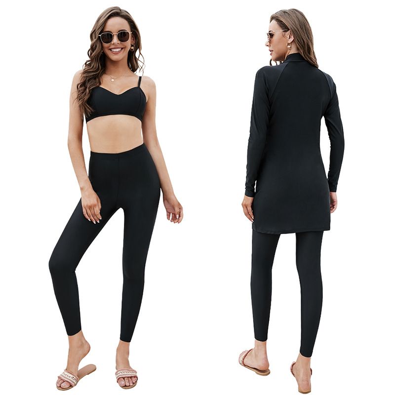 Women's Clothing Sexy Solid Color Suspender Swimsuit Three Piece Set Long Sleeve Top Tight Pants Swimsuit Women's Arabic Swimsuit New Style_ecoleips.com