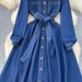Women's Retro Style Denim Dress With Lapel Long Sleeves Tie Waist Single Breasted A-Line Knee Length Skirt_ecoleips.com