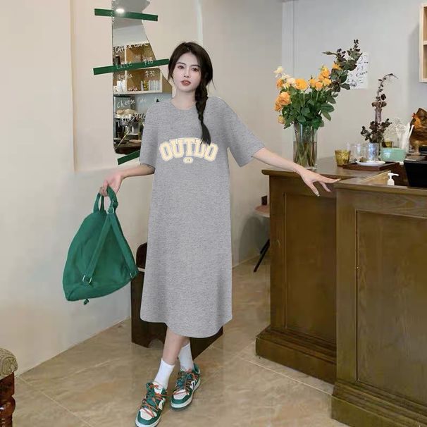 Korean Version Loose Casual Short Sleeved Dress Cute Letter Print Women's Round Neck Mid Length Skirt_ecoleips.com