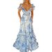 French Style Ruffled Chiffon Floral Halter Neck Strappy Deep V Neck Big Swing Dress With Ribbon For Seaside Vacation Party_ecoleips.com