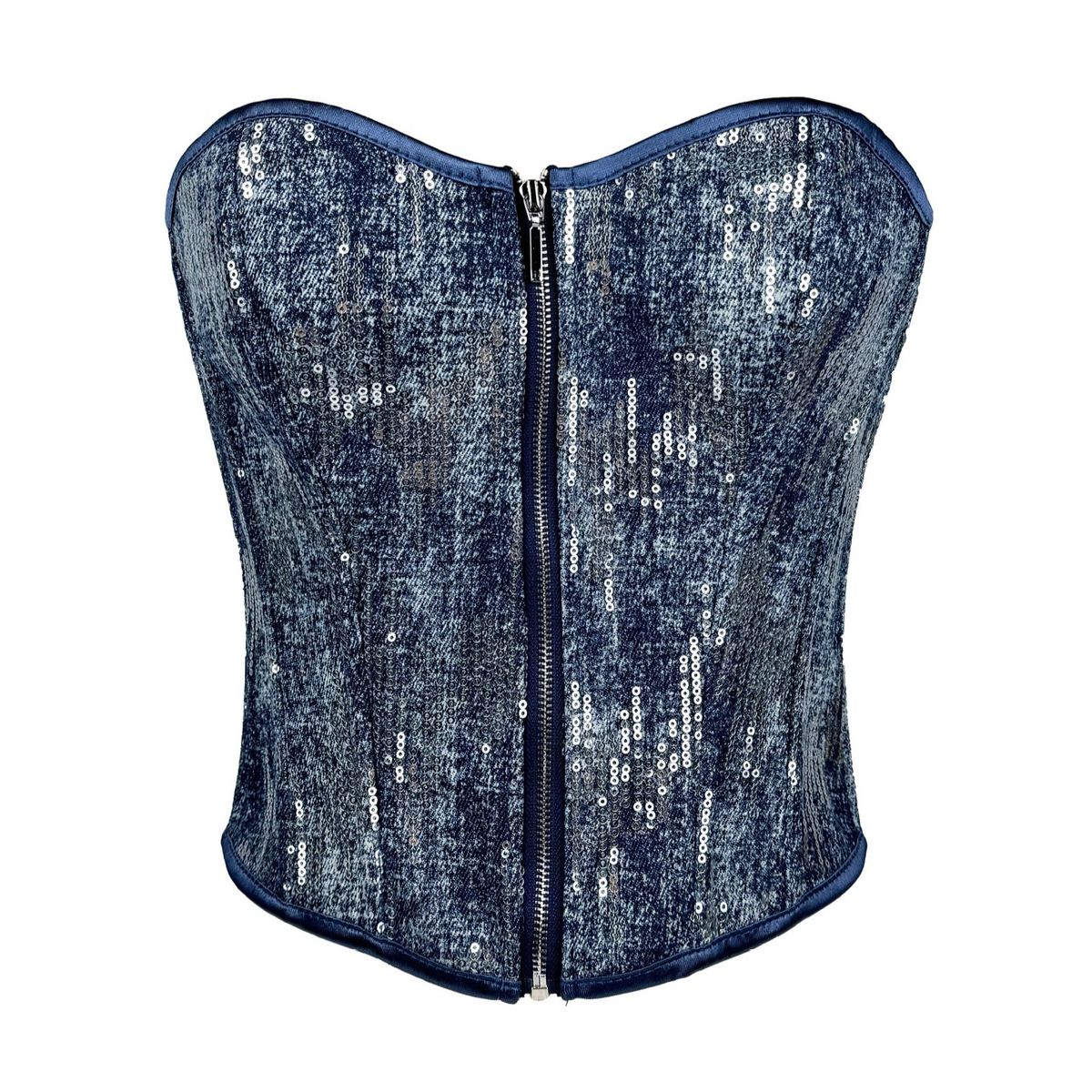 Women's Clothing New Blue Zipper Strap Silver Sequins Ladies Denim Tube Top Body Shaper Waist Seal Waist_ecoleips.com