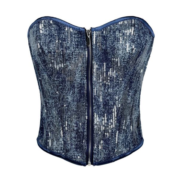 Women's Clothing New Blue Zipper Strap Silver Sequins Ladies Denim Tube Top Body Shaper Waist Seal Waist_ecoleips.com