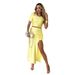 Women's Clothing Fashion Round Neck Short Sleeved Top With Slit Skirt Pleated Long Skirt Two Piece Suit For Women_ecoleips.com