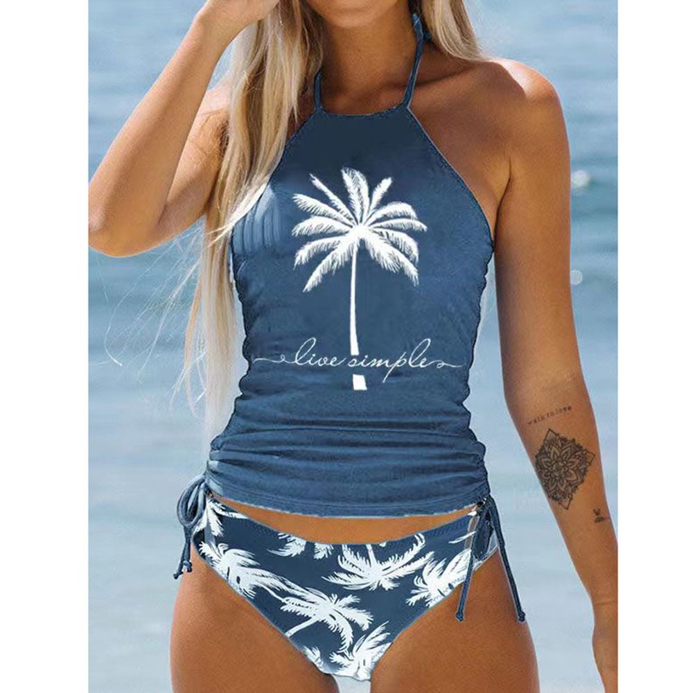 Women's Clothing Women's Plus Size Halter Neck Strappy Swimsuit Conservative Coconut Tree Print Two Piece Bikini Set Covers The Stomach_ecoleips.com