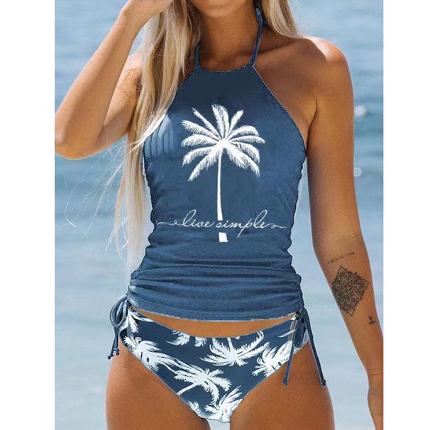 Women's Clothing Women's Plus Size Halter Neck Strappy Swimsuit Conservative Coconut Tree Print Two Piece Bikini Set Covers The Stomach_ecoleips.com