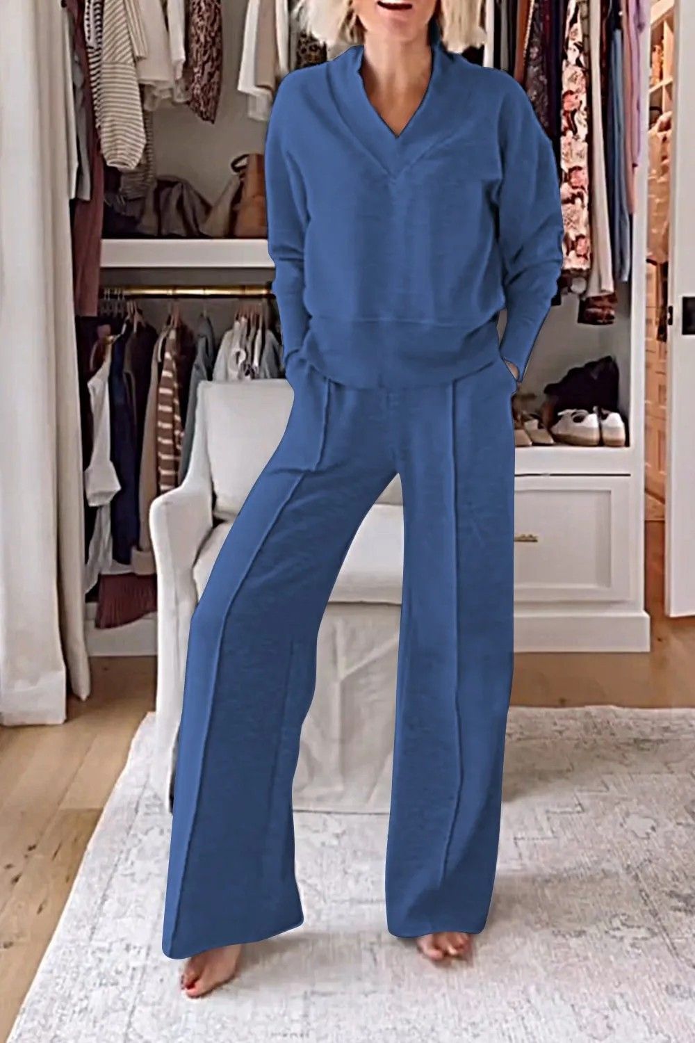 Effortless V-Neck Lounge Set – Flowy Long-Sleeve Top & Wide-Leg Pants (S-5XL, 7 Colors)_ecoleips.com