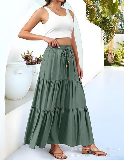 Women's Clothing Pleated High Waist Belt Pocket Long Skirt A Line Elegant Layered Beach Skirt_ecoleips.com