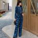 New Women's Clothing Bowknot Decoration Printed Long Sleeve Round Neck Coat Wide Leg Pants Fashion Denim Suit Only_ecoleips.com