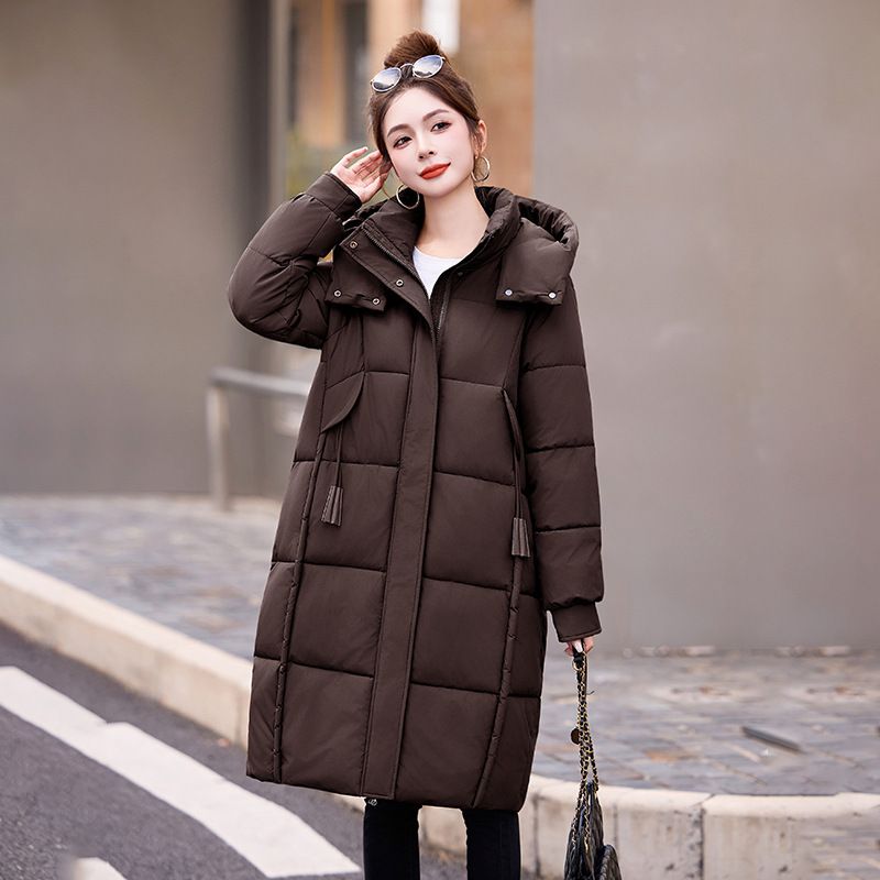 Trendy Winter Long Puffer Coat For Women – Knee-Length Quilted Jacket, Thickened Hooded Parka, Elegant & Warm Casual Outerwear_ecoleips.com